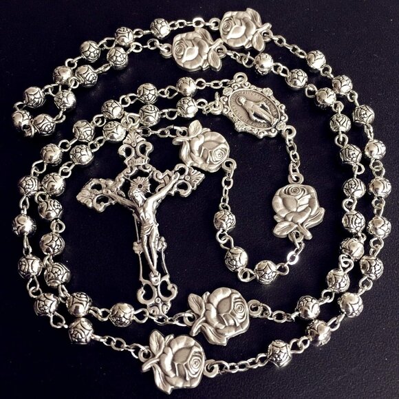 Handmade Silver Rose Beads Catholic 5 DECADE Rosary with Cross and Gift Box from - Picture 3 of 9
